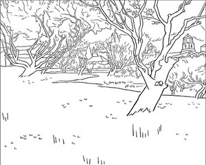 Afbeelding van de kleurplaat Bloeiende Boomgaarden, gezicht op Arles