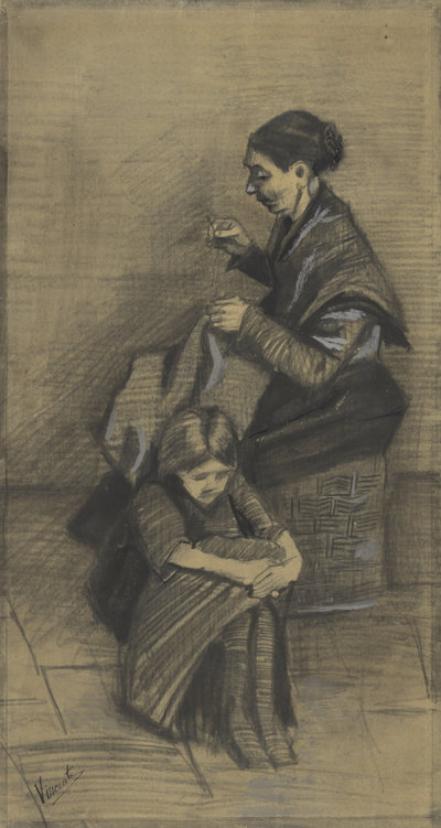 Vincent van Gogh, 'Woman Sewing, with a Girl', 1883. (Sien and her daughter) 