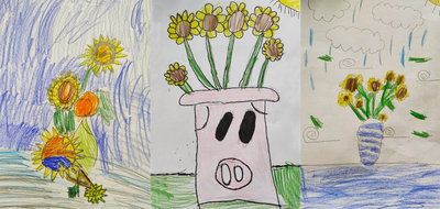 Artworks inspired by Van Gogh's 'Sunflowers', made by children who participated in the Heart for Art programme. 