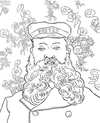 Colouring page of Vincent van Gogh's portrait of postman Joseph Roulin