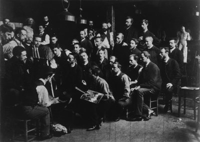 Photograph of students in Fernand Cormon’s studio in Paris, with Henri de Toulouse-Lautrec in the front left, c. 1885