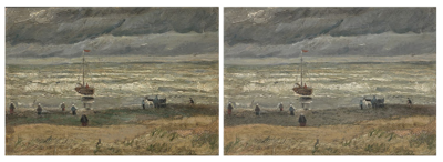 Left: 'View of the Sea at Scheveningen' before the conservation treatment. Right: 'View of the Sea at Scheveningen' after treatment. Photographs: Heleen van Driel
