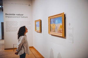 Een jonge vrouw kijkt naar het schilderij Korenveld met kraaien van Vincent van Gogh in het Van Gogh Museum. Foto: Jelle Draper