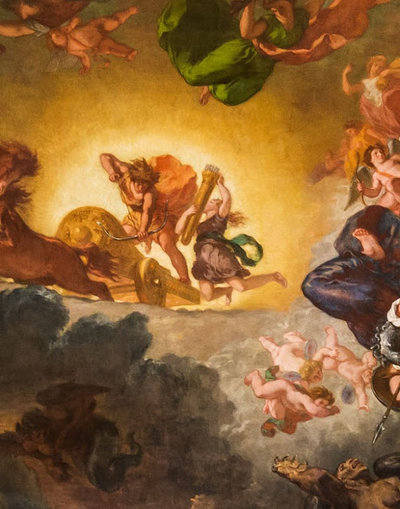 Eugène Delacroix, detail of 'Apollo slaying Python', ceiling painting in the Galerie d’Apollon in the Louvre, 1850 Photo (C) Musée du Louvre, Dist. RMN-Grand Palais / Olivier Ouadah.
