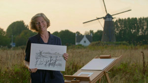 De workshopdocent toont het eindresultaat van de tekening: landschap met molen