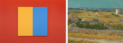 Samengesteld beeld. Links: Steven Aalders (1959), Vergezicht, 2019, olieverf op doek. Rechts: Vincent van Gogh (1853 - 1890), De oogst, 1888.