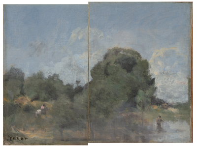 Samengestelde afbeelding van de twee panelen Landschap met ruiter (links) en Landschap met hengelaar (rechts) van Camille Corot