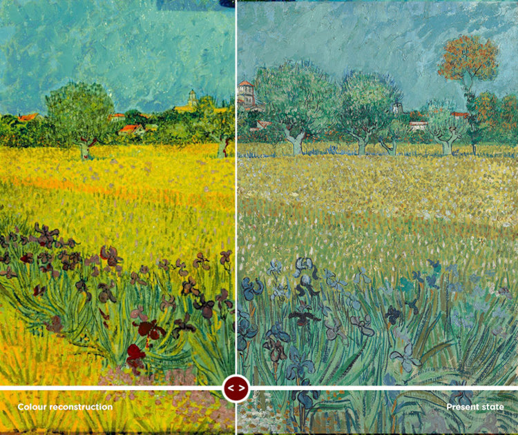 Two halves of the same landscape: on the left a yellow field with dark purple and maroon irises under a turquoise sky, on the right the present painting with blue and grey-blue irises in a paler, greener field. The halves are labeled Colour reconstruction and Present state.