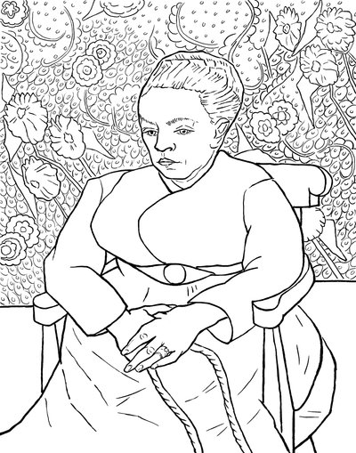 Colouring page of Vincent van Gogh's portrait of Augustine Roulin, La Berceuse