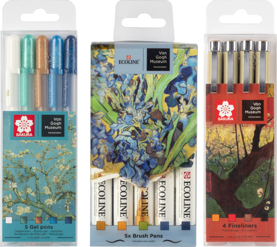 Drie nieuwe producten uit de Royal Talens x Van Gogh Museum lijn: Sakura gel pennen, Ecoline brush pennen en Sakura fineliners