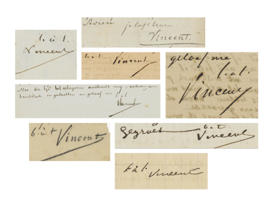 Combination of the various ways in which Vincent would write his name at the end of a letter.