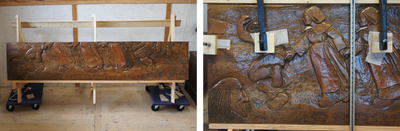 Links: De planken die samen het paneel vormen zijn losgehaald en op een bok geplaatst. Rechts: De losse delen van het paneel zijn opnieuw gelijmd en worden bijeengehouden met klemmen (foto’s: Jan Paul Folkers). 