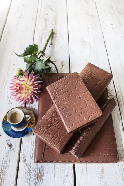 A4 writing case, desk organizer, pencil case, leather notebook and espresso set