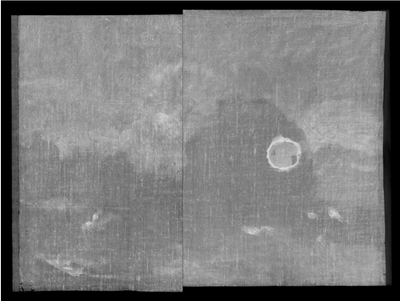 Röntgenfoto van de twee panelen Landschap met ruiter en landschap met hengelaar van Camille Corot