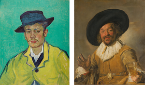 Left: Vincent van Gogh, Armand Roulin, 1888, Museum Folkwang, Essen. Right: Frans Hals, A Civic Guardsman Holding a Berkemeier, known as 'The Merry Drinker', c. 1628–30, oil on canvas, 81 × 66.5 cm, Rijksmuseum Amsterdam