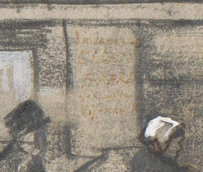 De ingang van de bank van lening, detail aanplakbiljet uiterst rechts op de muur: ‘Prospectus / EIGEN / HAARD / Geïllustreerd / Tijdschrift’