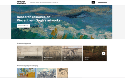 Schermafbeelding van de homepage van Van Gogh Worldwide bij de lancering op 5 november 2020