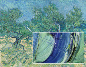 Microscopic detail of paint in which tracks of insects are visible.