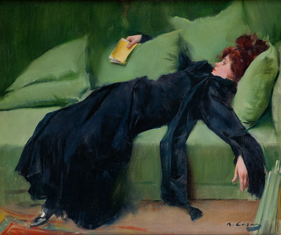 Ramon Casas, Decadente jonge vrouw (Na het bal), 1899, Olieverf op doek, 46 × 56 cm  Museu de Montserrat, Barcelona, schenking Josep Sala Ardiz, 1980 