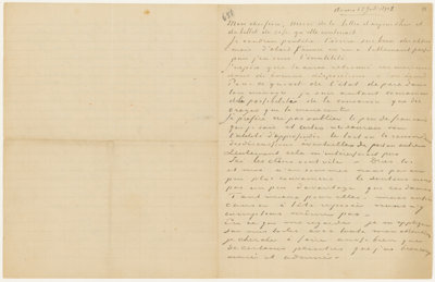 Brief van Vincent van Gogh aan Theo van Gogh met schetsen van De tuin van Daubigny, Hutten met rieten daken en figuren en Korenvelden