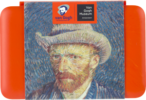 Aquarelset met twaalf kleuren van Royal Talens x Van Gogh Museum in een oranje doos met Van Goghs zelfportret met grijze vilthoed.