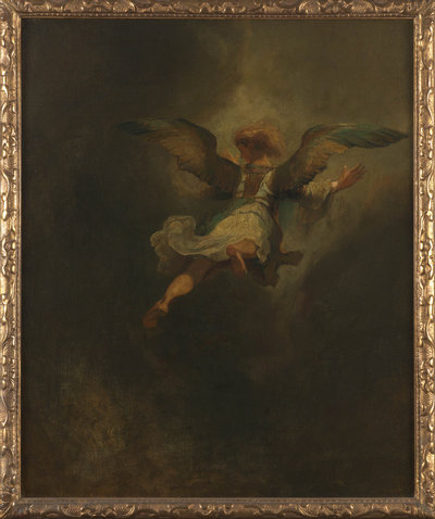 Odilon Redon, De aartsengel Rafaël verlaat Tobias en zijn gezin (naar Rembrandt), ca. 1862-1864, in originele lijst