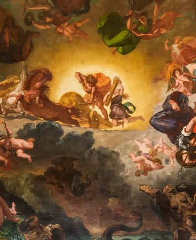 Eugène Delacroix, detail van 'Apollo verslaat Python', plafondschildering in de Galerie d’Apollon in het Louvre, 1850 Photo (C) Musée du Louvre, Dist. RMN-Grand Palais / Olivier Ouadah.