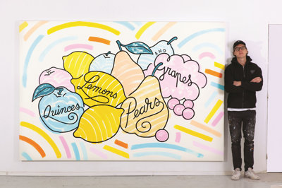 Pieter Ceizer is posing next to the life-size painting he made inspired by a work by Vincent van Gogh. 2020, Photo: Eliza Gomez