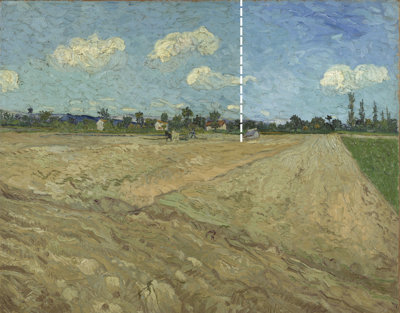 Van Goghs' Ploughed Fields during restoration, to the right of the dotted line the varnish has been removed 