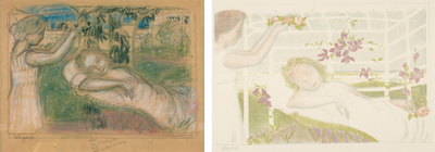 Schets (links) en eindversie (rechts) van Allegorie (Allégorie) door Maurice Denis, onderdeel van de serie Amour. RMN – Grand Palais – Benoit Touchard (links) en Van Gogh Museum, Amsterdam (rechts). 