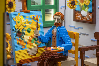 Detail of the LEGO Yelow House: Vincent van Gogh painting sunflowers, created with LEGO bricks