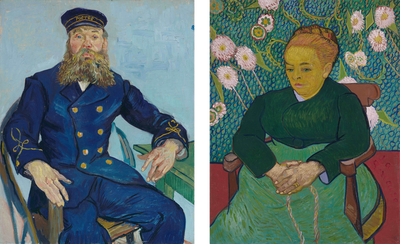 Links: Vincent van Gogh, Postbode Joseph Roulin, 1888, Museum of Fine Arts, Boston (Schenking van Robert Treat Paine). Rechts: Vincent van Gogh,  Lullaby: Madame Augustine Roulin Rocking a Cradle (La Berceuse), 1889, Museum of Fine Arts, Boston (Nalatenschap van John T. Spaulding) 