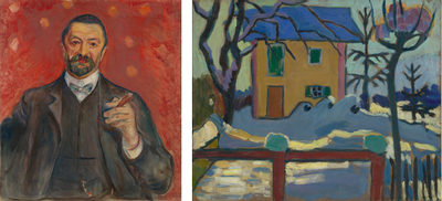 Links: Edvard Munch,  Felix Auerbach, 1906. Rechts: Gabriele Münter, Huis in de winterzon, c. 1909
