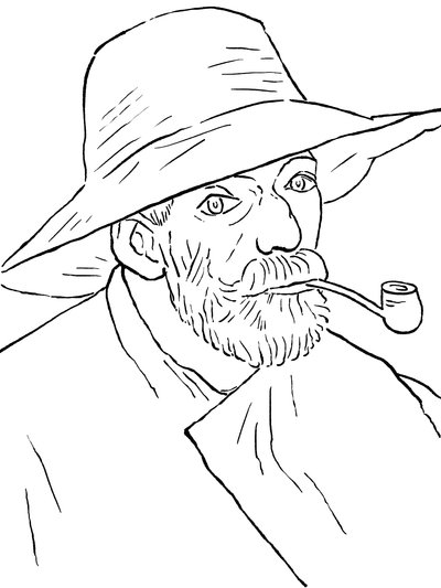 Kleurplaat van Vincent van Goghs zelfportret met pijp en strohoed