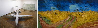 Collage van een werk van Kiefer en Van Gogh. Links: Kiefer, 'Voyage au bout de la nuit', 1990 en rechts Van Gogh: Korenveld met kraaien, 1890